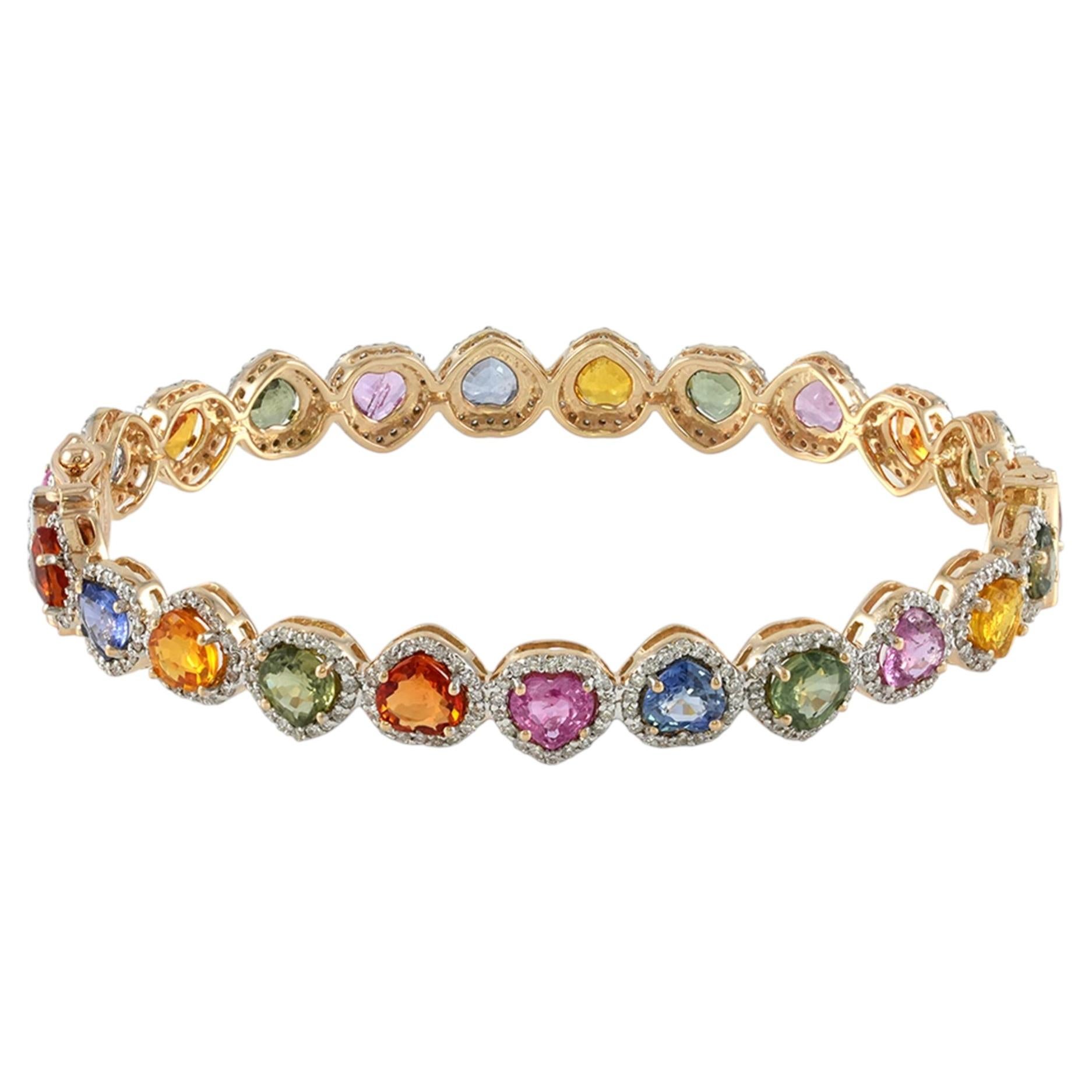 Natural Diamond Rainbow Sapphire Heart 14k Gold Fine Bangle Jewelry