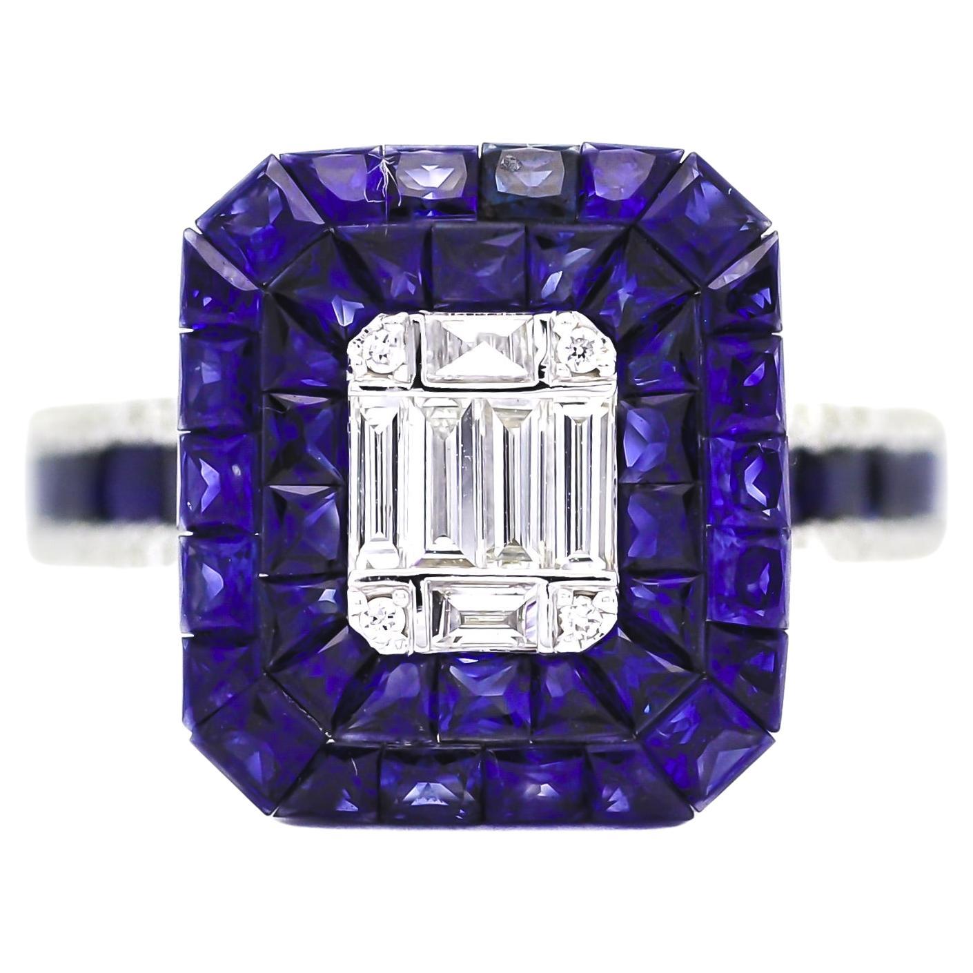 Natural Diamond Ring 0.38 cts 18 KT White Gold Natural Blue Sapphire Ring 