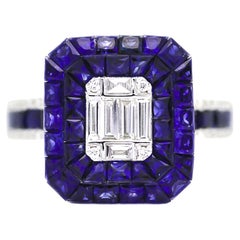 Natural Diamond Ring 0.38 cts 18 KT White Gold Natural Blue Sapphire Ring 