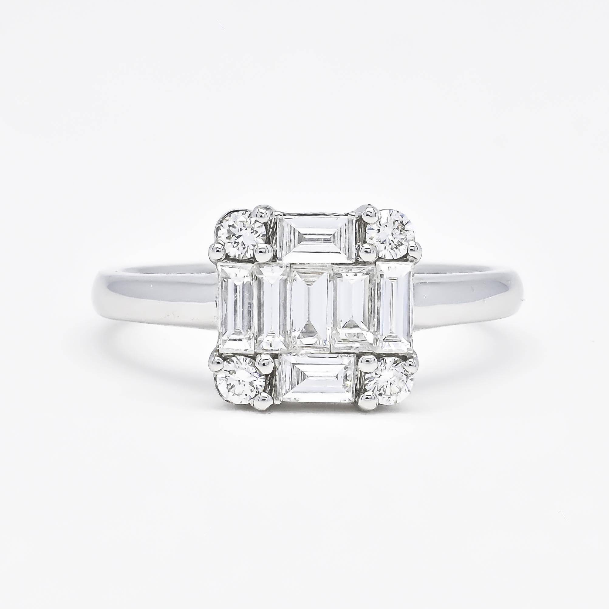 The Natural Diamond Ring with a 18KT White Gold Square Cluster design is a stunning and sophisticated choice for an engagement ring. The ring features a minimalist design, with a mix of baguette and round diamonds in a cluster setting, adding extra