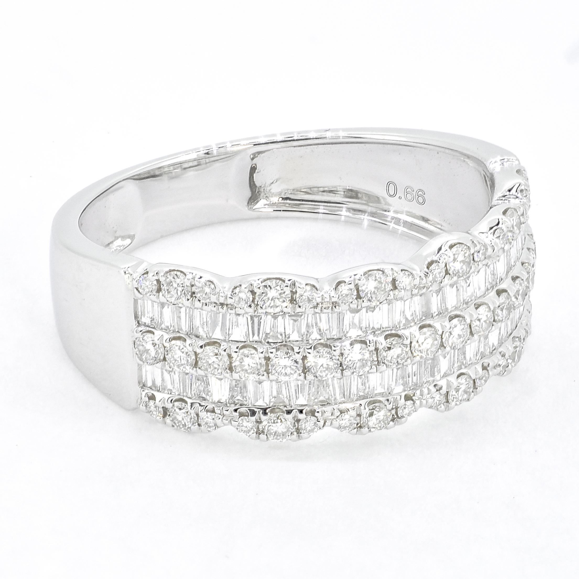 If you're looking for a beautiful and versatile diamond band that can be worn alone or stacked with other rings, consider a baguette and round diamond channel set 18 kt White gold band.

 This exquisite piece features a row of alternating baguette