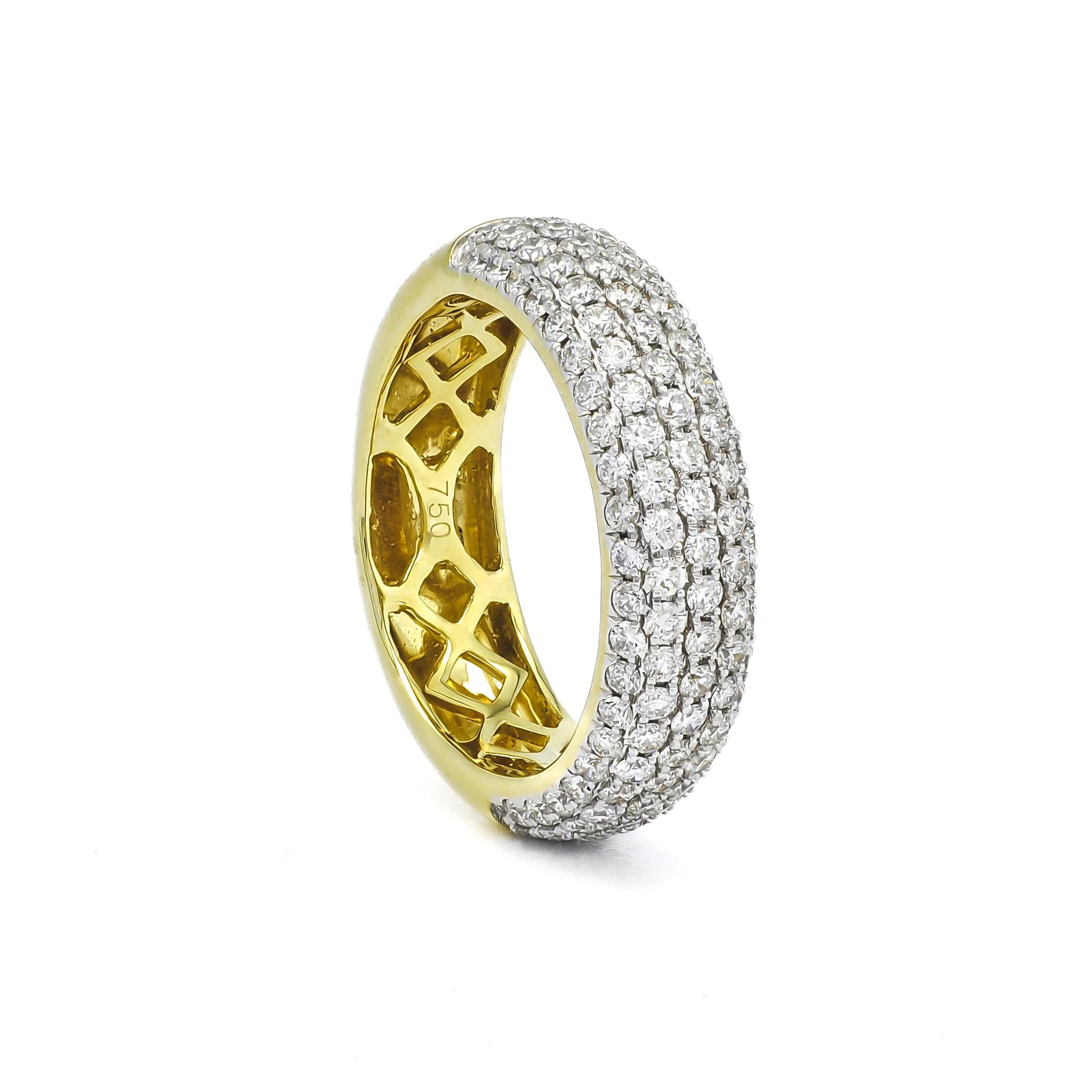 Natürlicher Diamantring 1,25 Karat 18 Karat Gelbgold Mehrreihiger Ring mit Diamanten  (Rundschliff) im Angebot