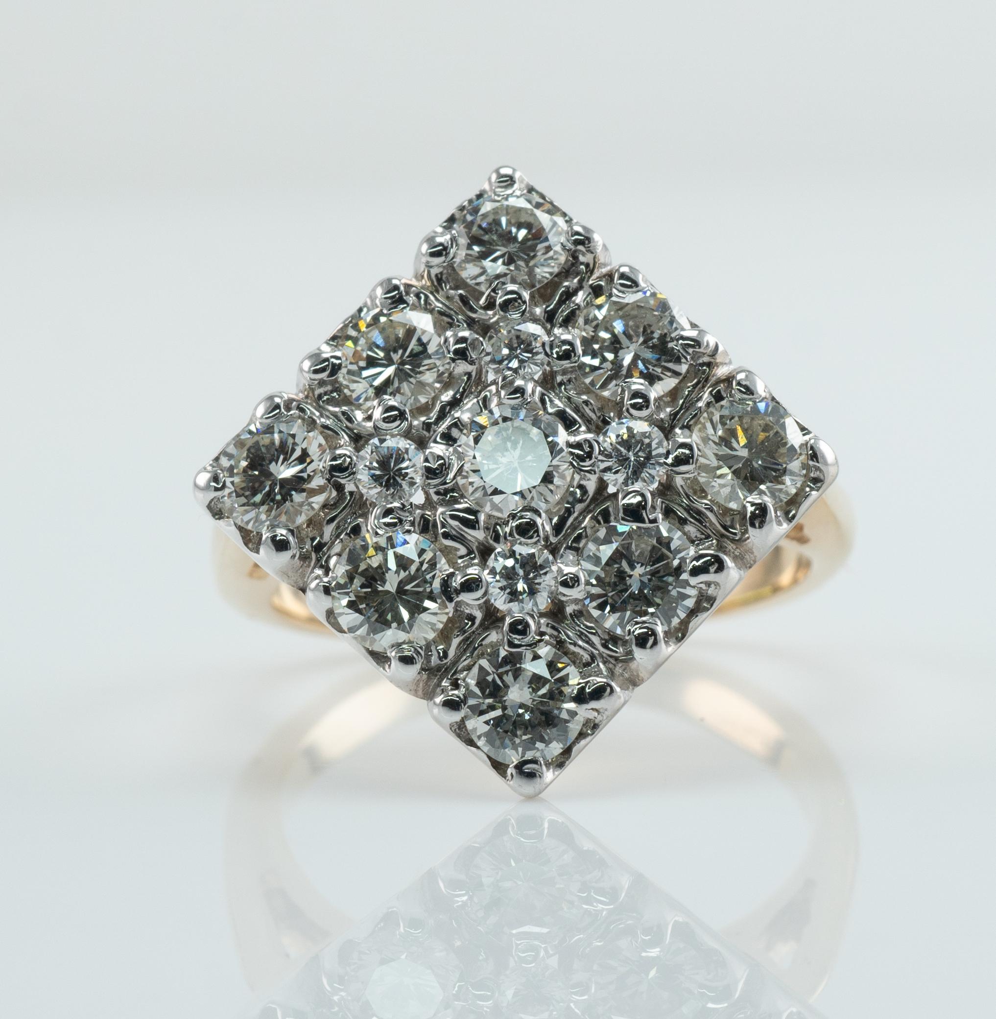 Anillo Diamante Natural Oro 14K Racimo de Diamantes 1.51 TDW Cocktail en venta 1