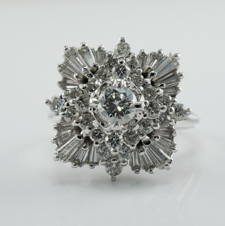 Natural Diamond Ring 14K White Gold Ballerina Vintage For Sale at 1stDibs