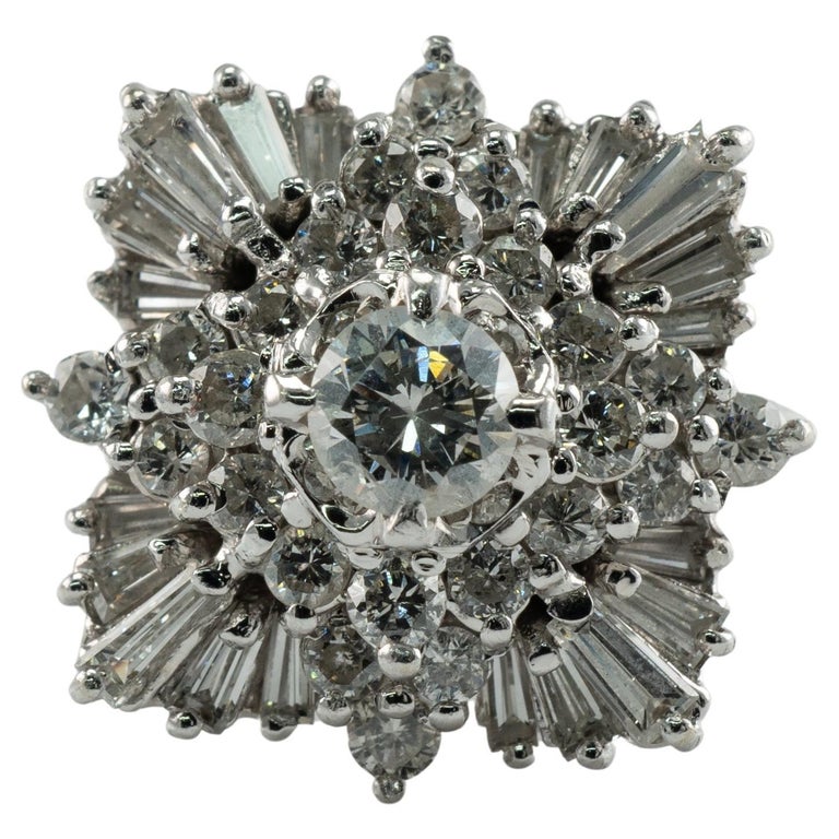 Natural Diamond Ring 14K White Gold Ballerina Vintage For Sale at 1stDibs