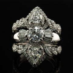 Natural Diamond Ring 14K White Gold Cluster Cocktail 3.82 TDW Triple Bands