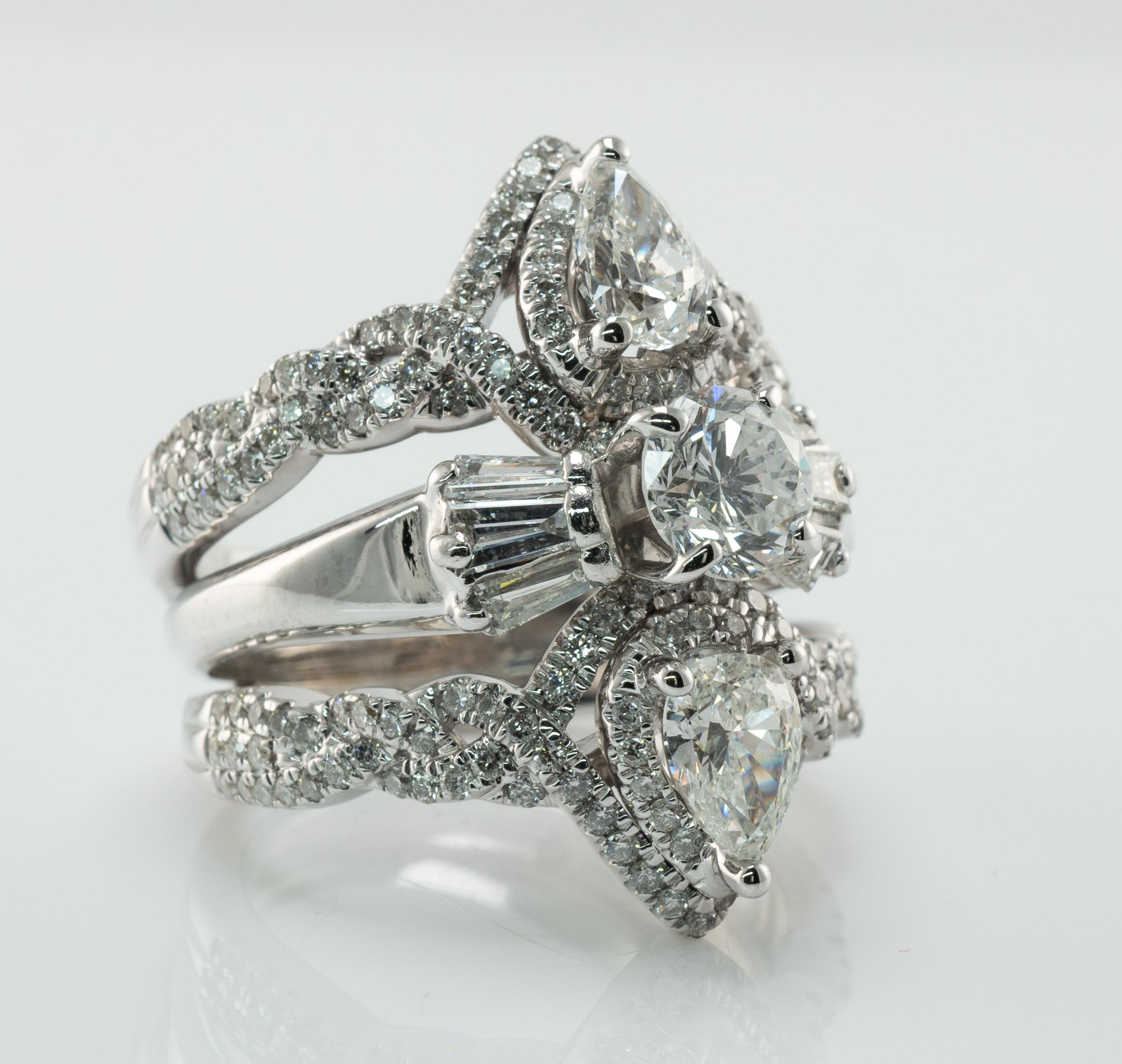 Natural Diamond Ring 14K White Gold Cluster Cocktail 3.82 TDW Triple Bands In New Condition For Sale In East Brunswick, NJ