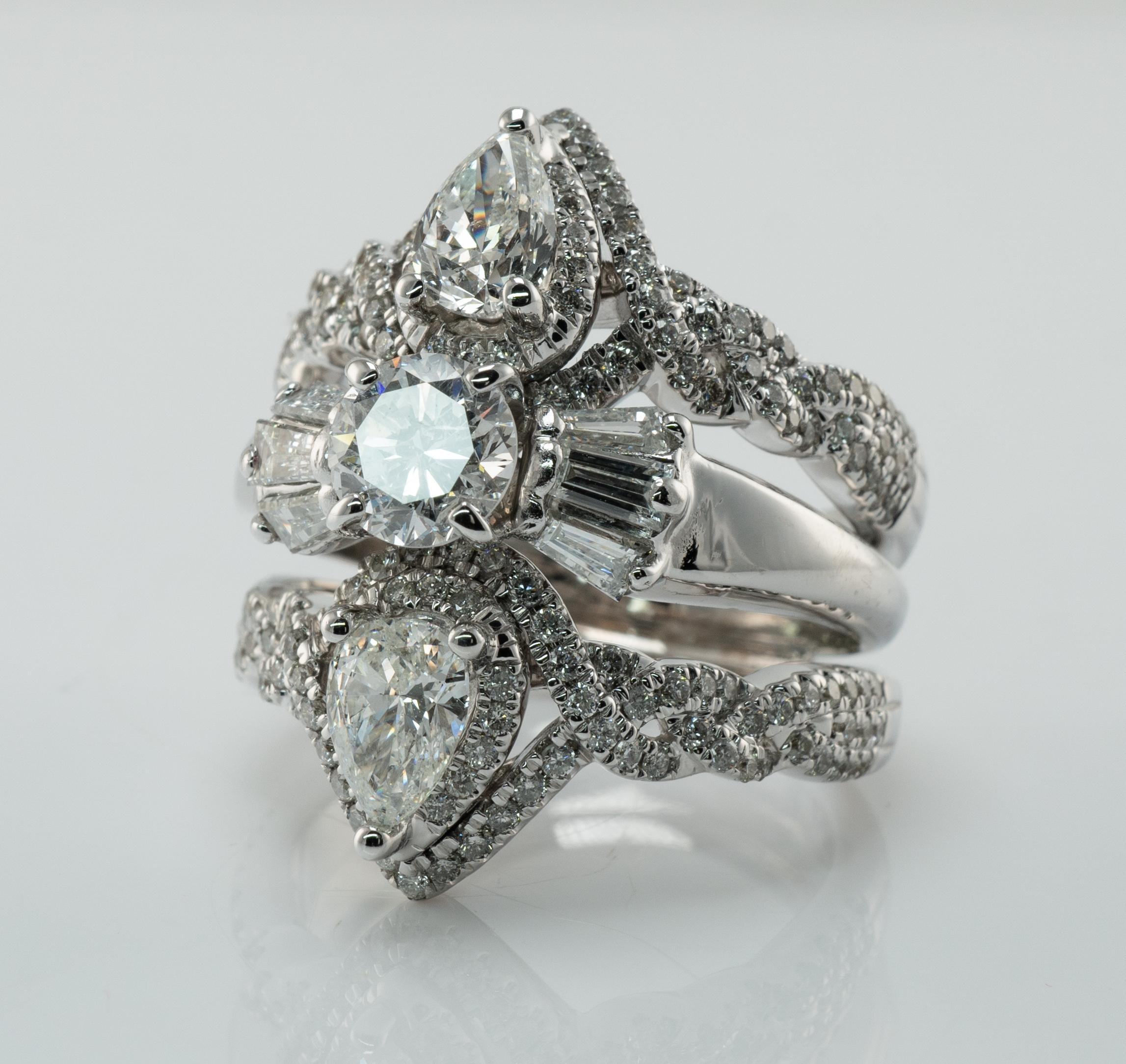 Natural Diamond Ring 14K White Gold Cluster Cocktail 3.82 TDW Triple Bands For Sale 1