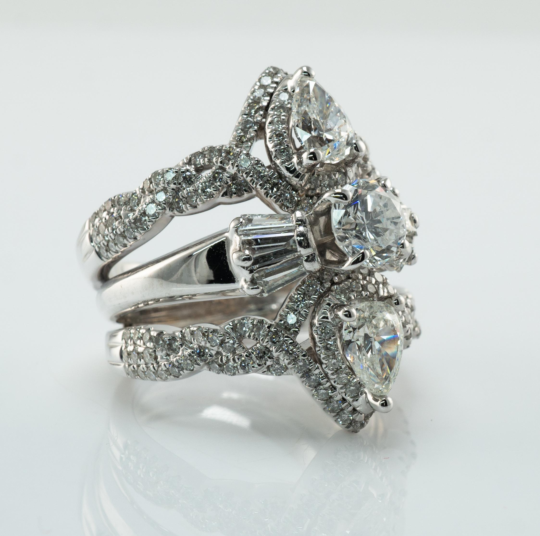 Natural Diamond Ring 14K White Gold Cluster Cocktail 3.82 TDW Triple Bands For Sale 4