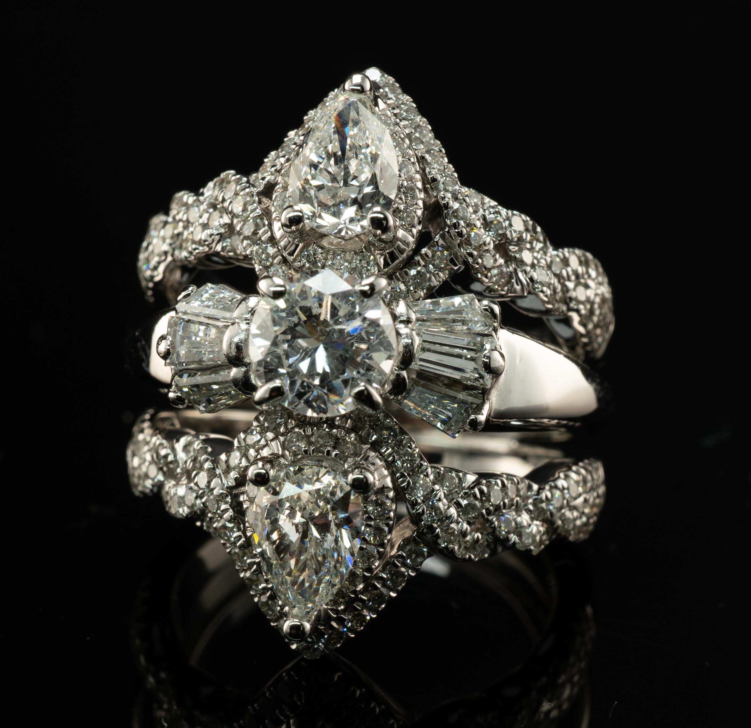 Natural Diamond Ring 14K White Gold Cluster Cocktail 3.82 TDW Triple Bands For Sale 2