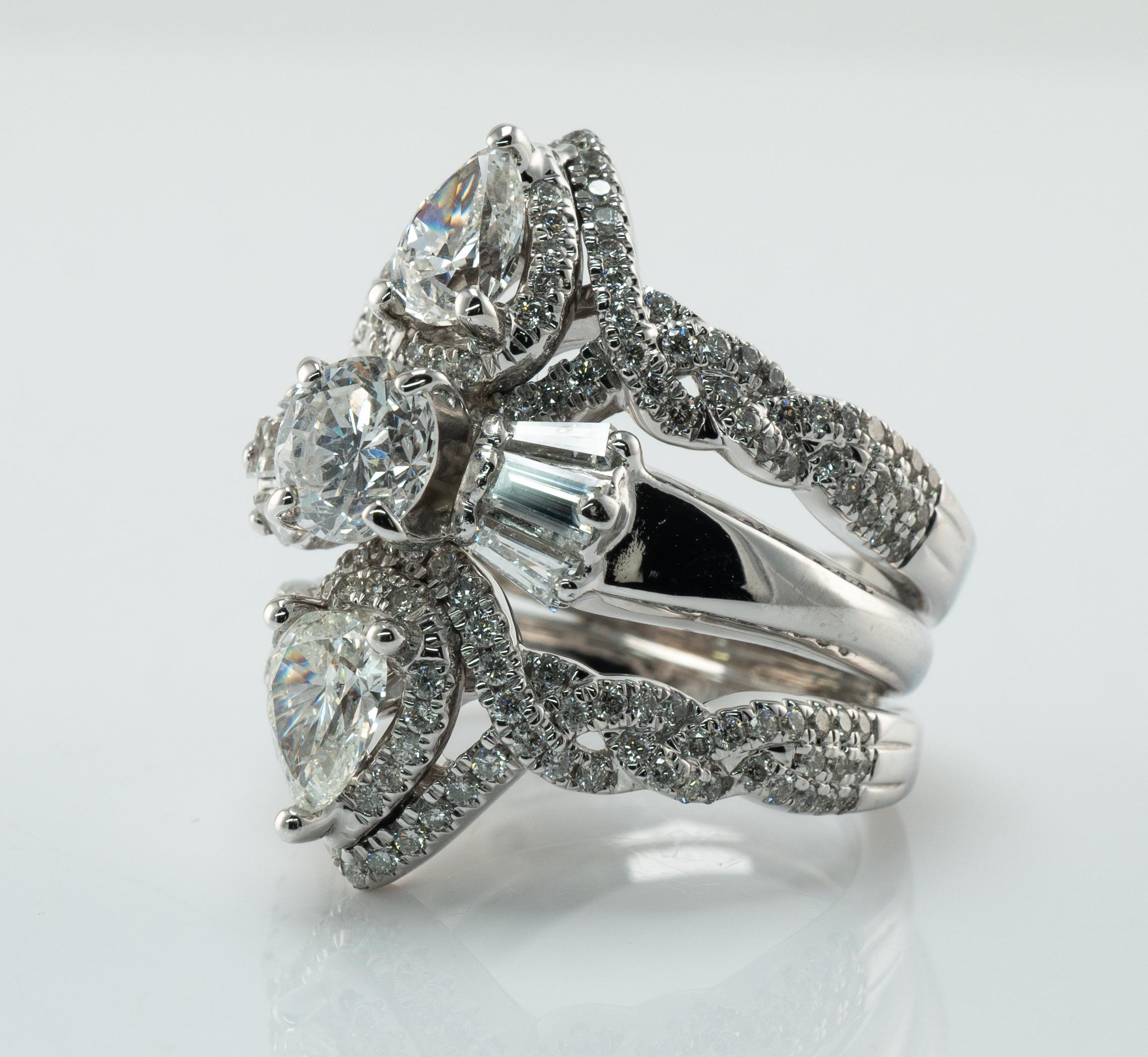 Natural Diamond Ring 14K White Gold Cluster Cocktail 3.82 TDW Triple Bands For Sale 6