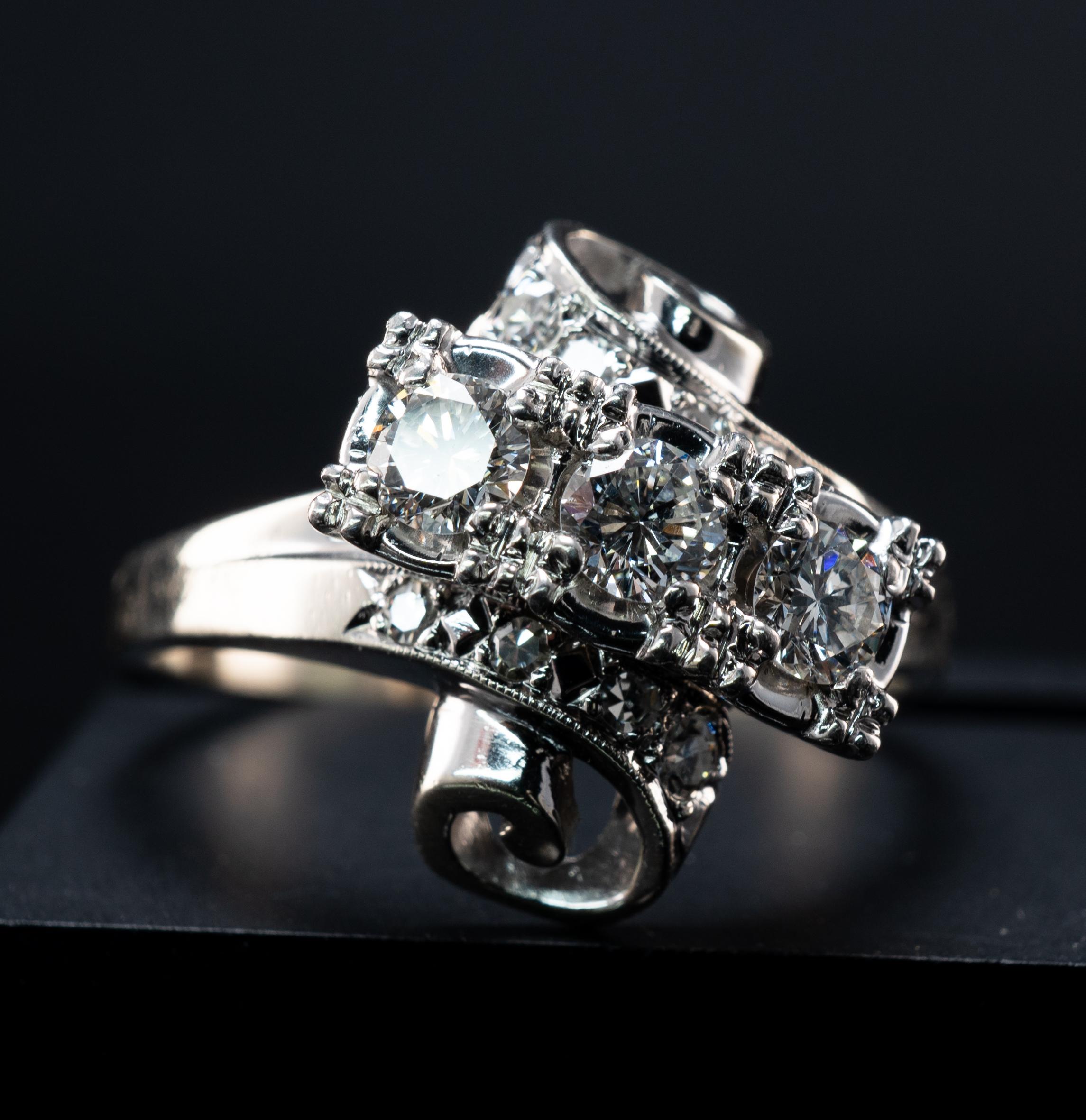 Anillo Diamante Natural Oro Blanco 14K Vintage .70ct TDW Espiral en venta 8