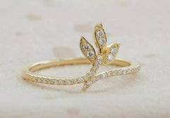 Natural Diamond Ring 14k Yellow Gold Fern Leaf Stacking Band