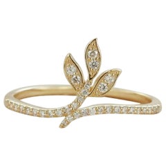 Natural Diamond Ring 14k Yellow Gold Fern Leaf Stacking Band