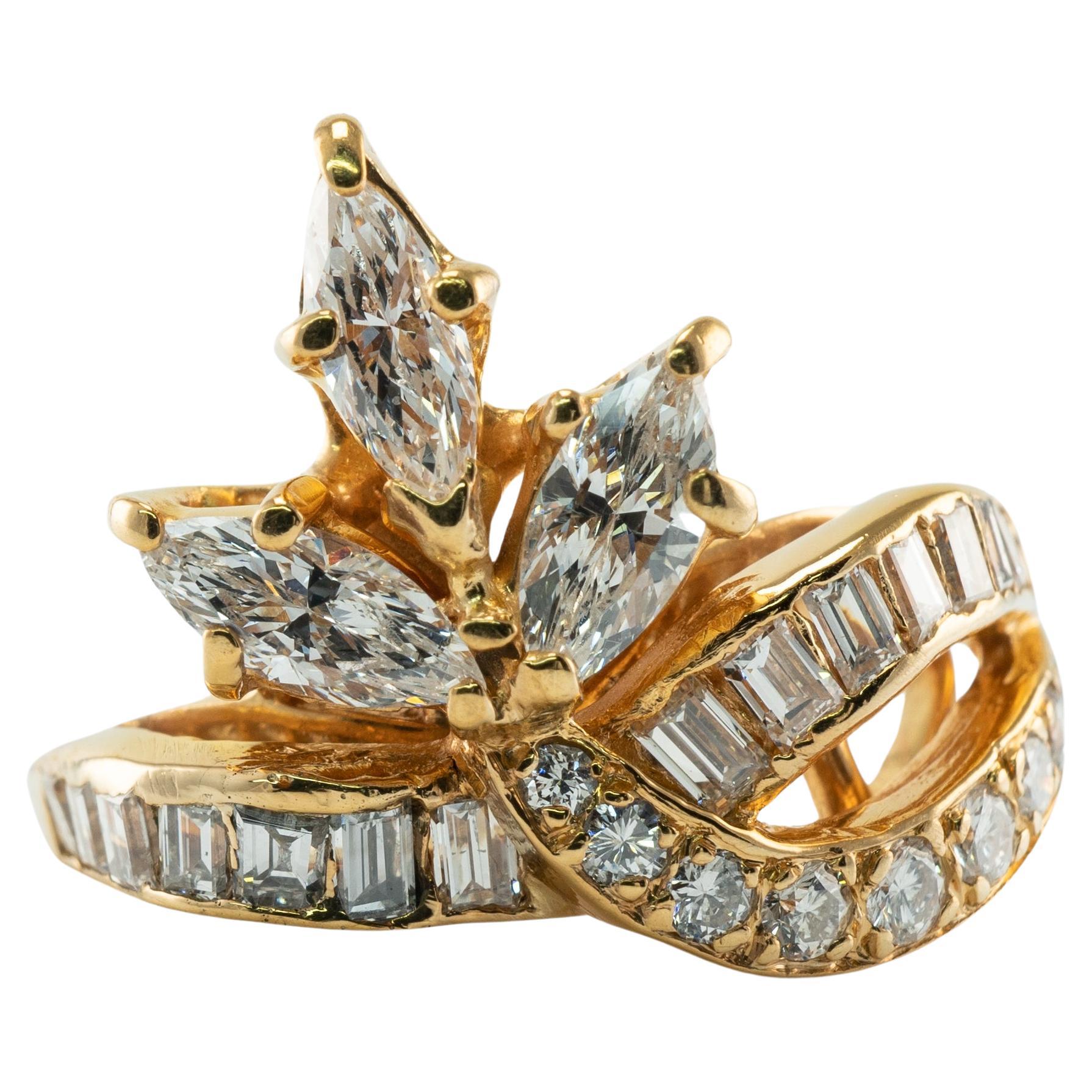 Bague marquise ronde en or jaune 14 carats avec diamants naturels de 1,81 carat