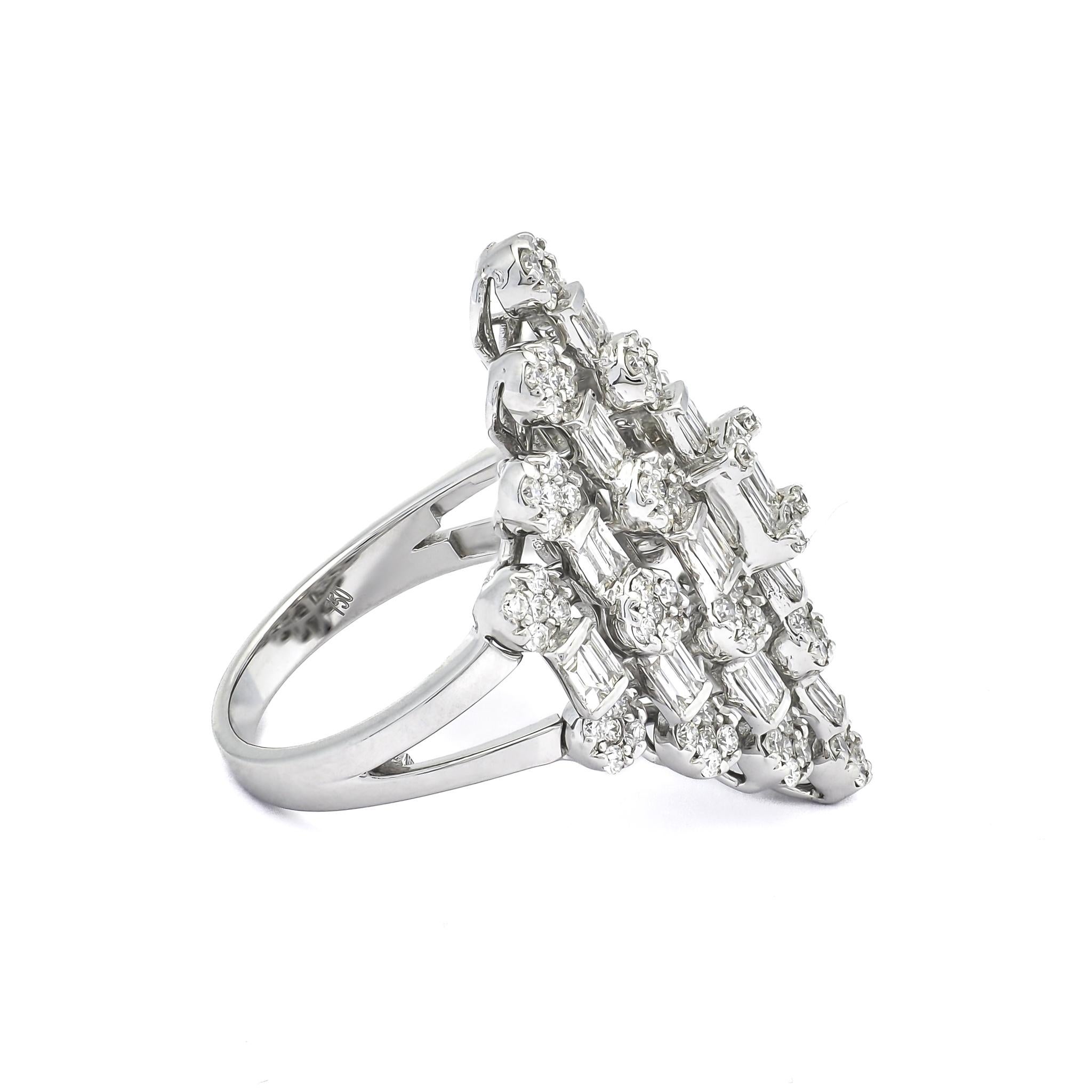 Baguette Cut Natural Diamond Ring 1.64 carats 18 Karat White Gold Cocktail Ring  For Sale
