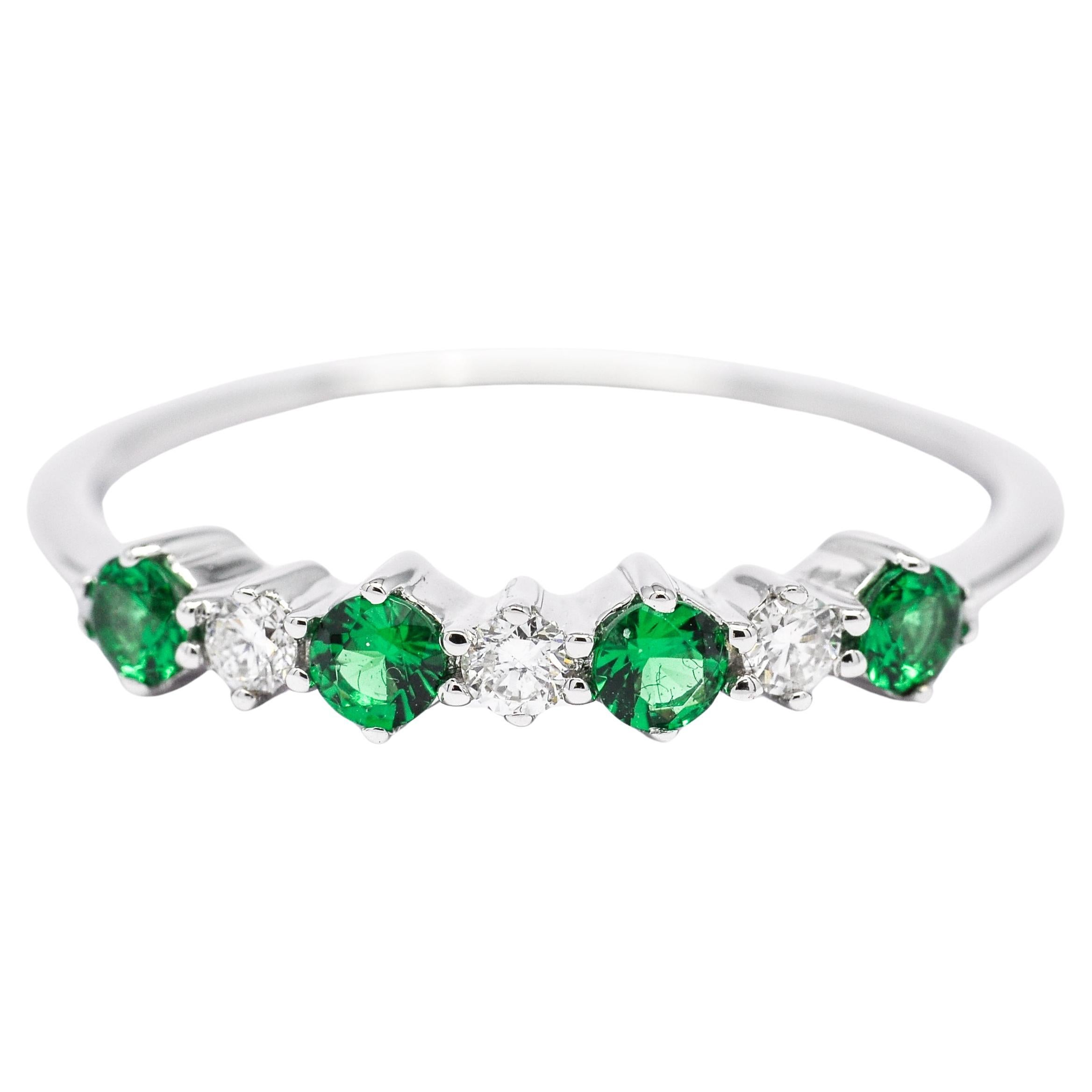 Natural Diamond Ring 18 Karat White Gold Synthetic Emerald Engagement Ring For Sale