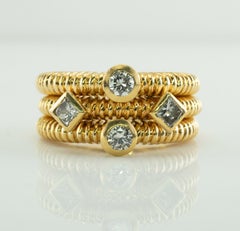 Natural Diamond Ring 18K Gold Wide Band Round Princess