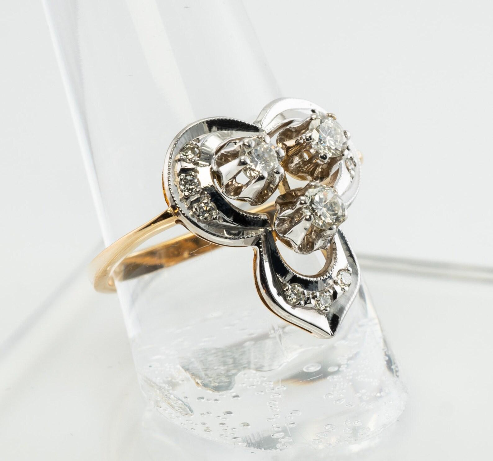 Anillo de diamantes naturales de oro amarillo blanco de 18 quilates URSS rusa  Soviética en venta 5