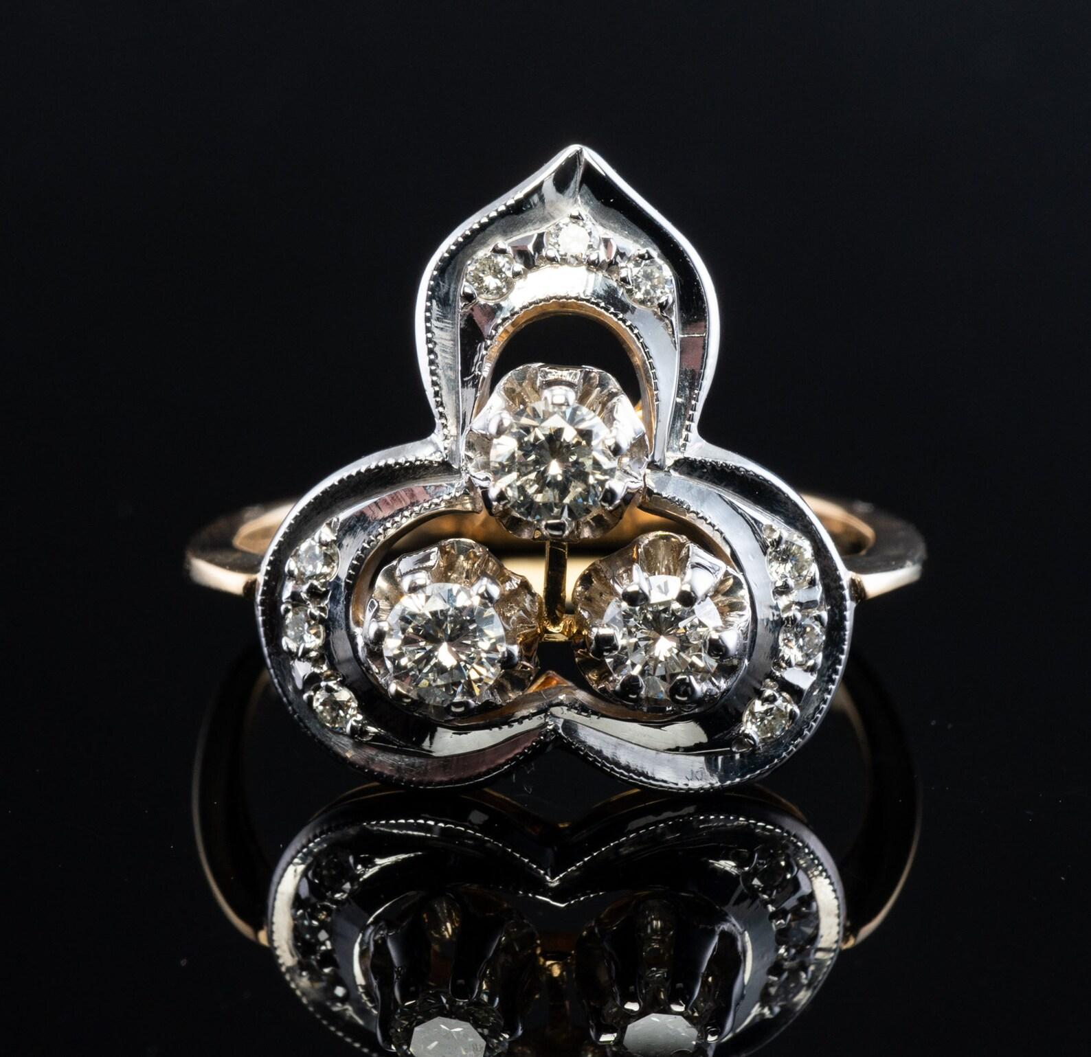 Anillo de diamantes naturales de oro amarillo blanco de 18 quilates URSS rusa  Soviética Corte redondo en venta