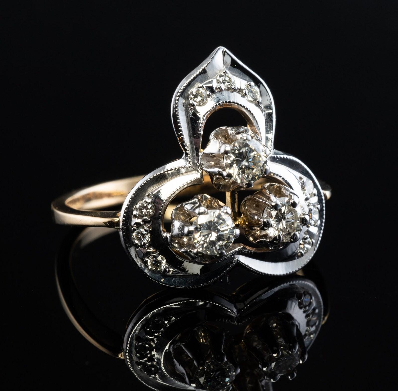 De las mujeres Anillo de diamantes naturales de oro amarillo blanco de 18 quilates URSS rusa  Soviética en venta