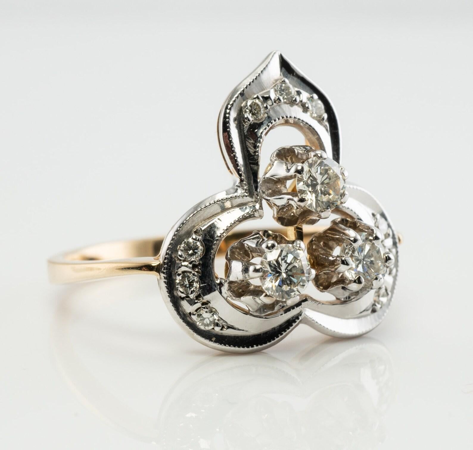 Anillo de diamantes naturales de oro amarillo blanco de 18 quilates URSS rusa  Soviética en venta 1