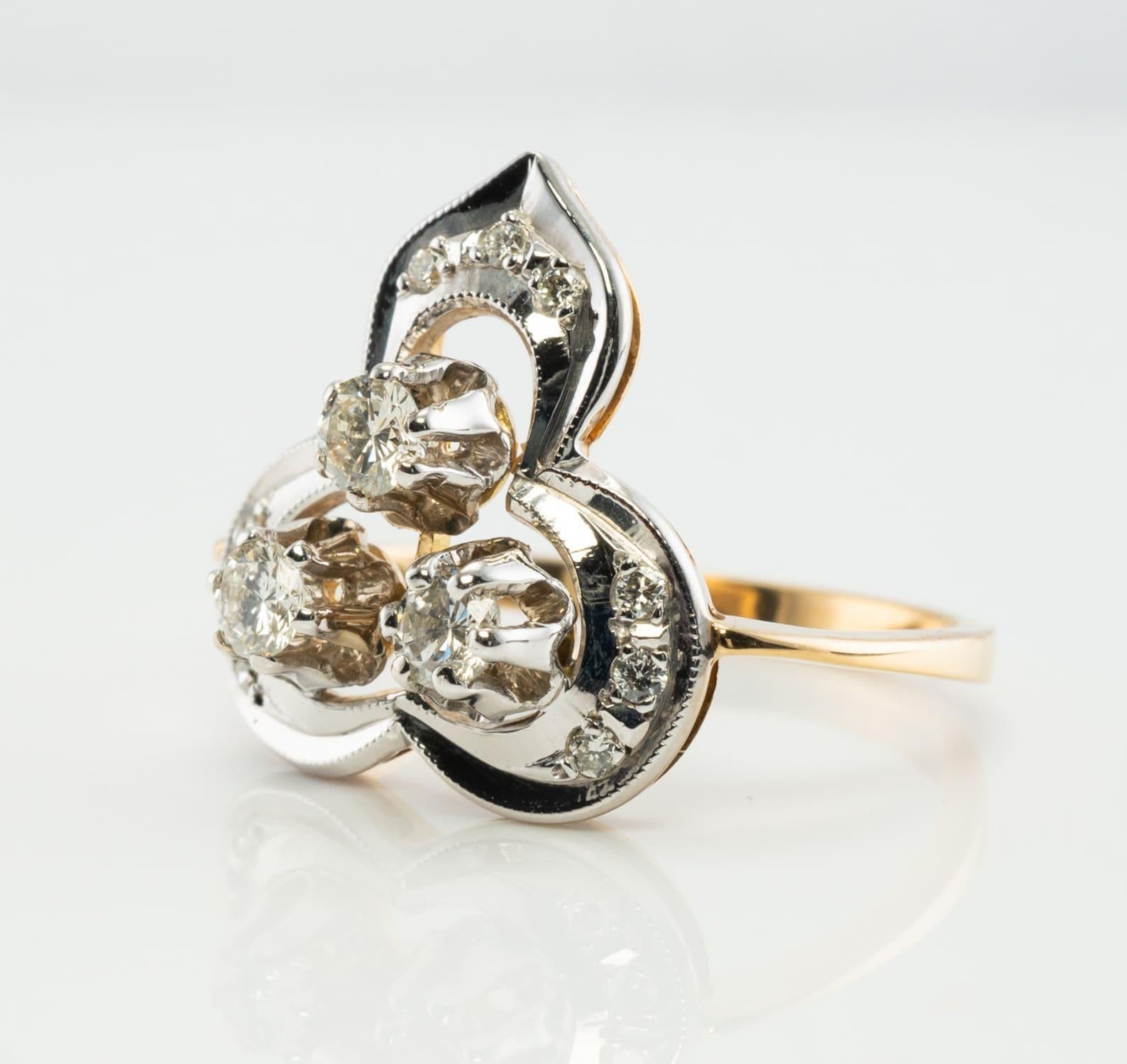Anillo de diamantes naturales de oro amarillo blanco de 18 quilates URSS rusa  Soviética en venta 2