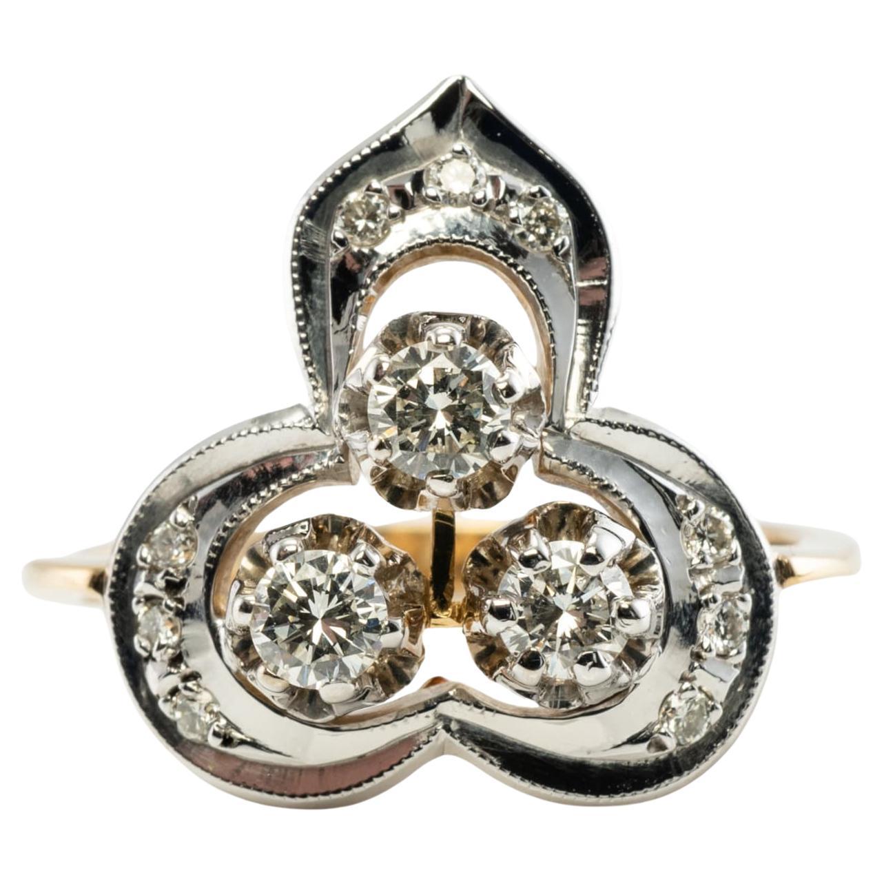Anillo de diamantes naturales de oro amarillo blanco de 18 quilates URSS rusa  Soviética en venta