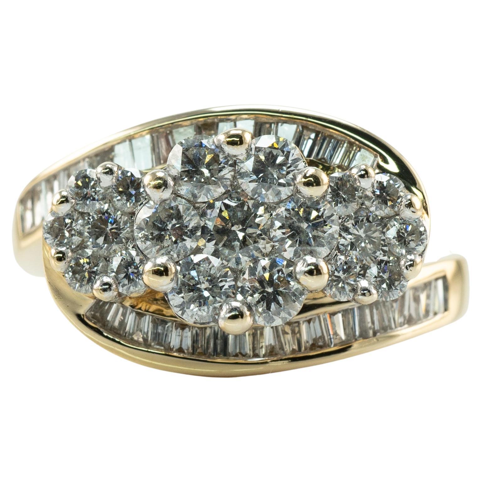 Natural Diamond Ring Cluster Flower 14k Gold Band 1.67 TDW For Sale
