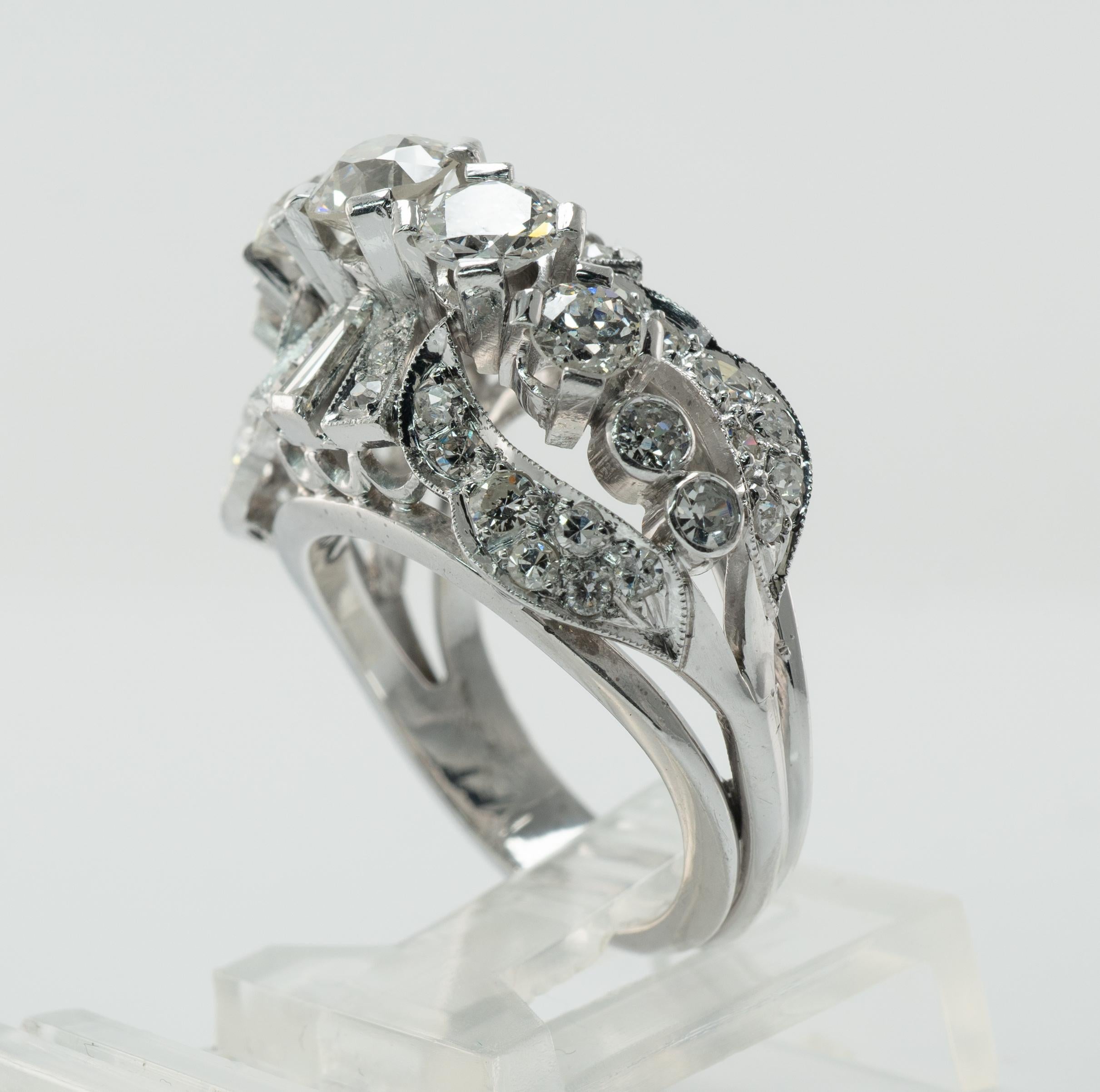 Natural Diamond Ring European cut 18K White Gold  Vintage 2.79 TDW For Sale 5