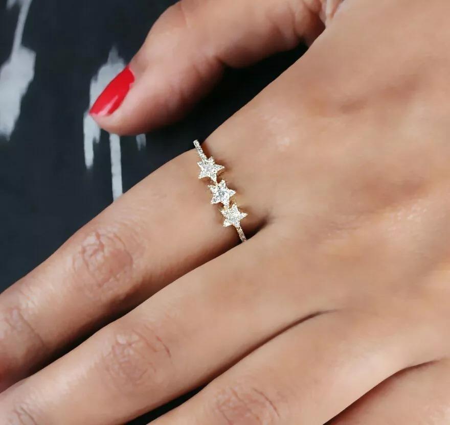 Natural Diamond Ring in 14k Gold Three Star Band Fine Jewelry In New Condition In Chicago, IL