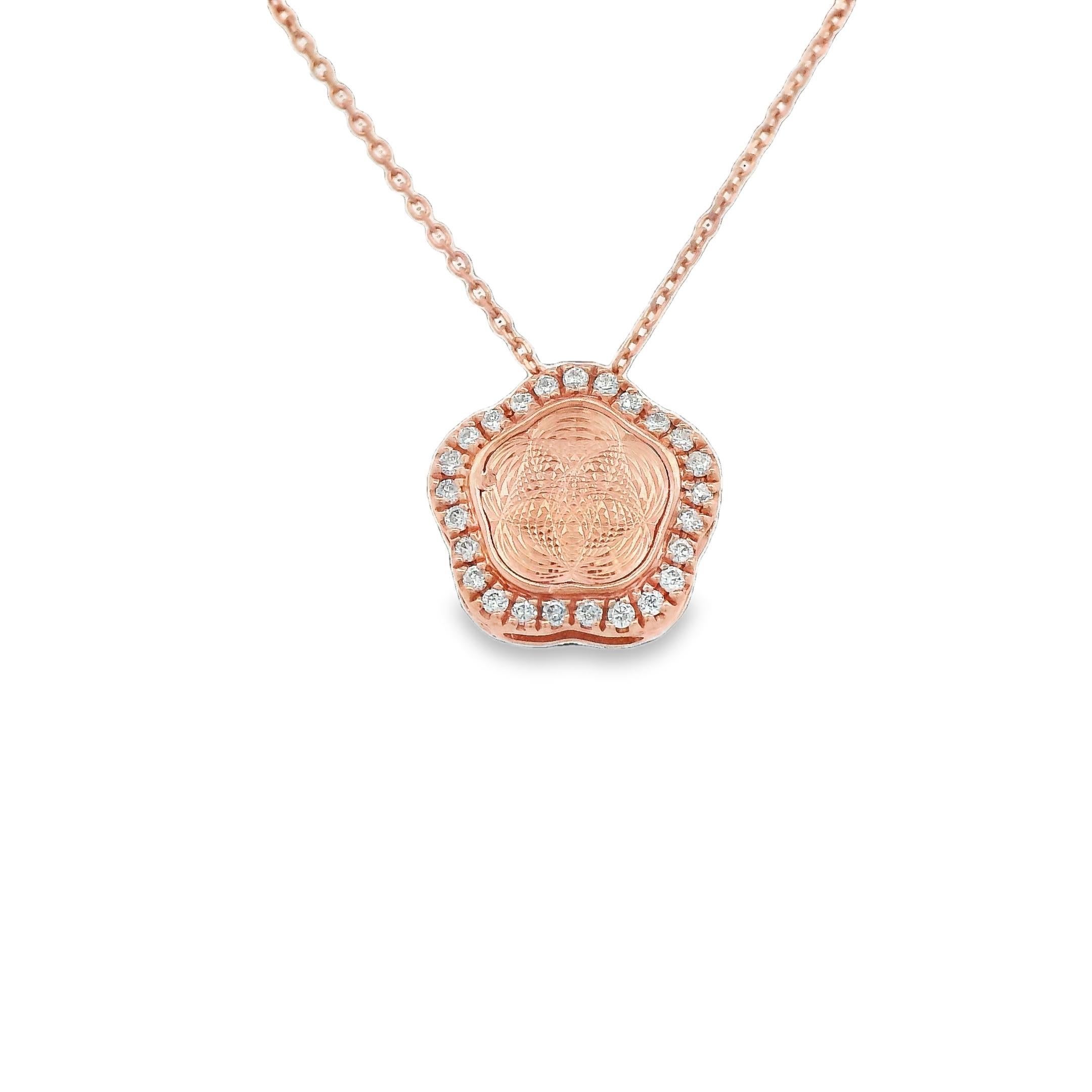 Joli petit pendentif abstrait en diamant naturel. Par Alexander Beverly Hills.
25 diamants ronds, 0,07ct carats au total. Couleur G/H et pureté SI. Or rose 14k, 1.27 grammes, 18 pouces.
Sur demande, une évaluation numérique actualisée par un GIA
