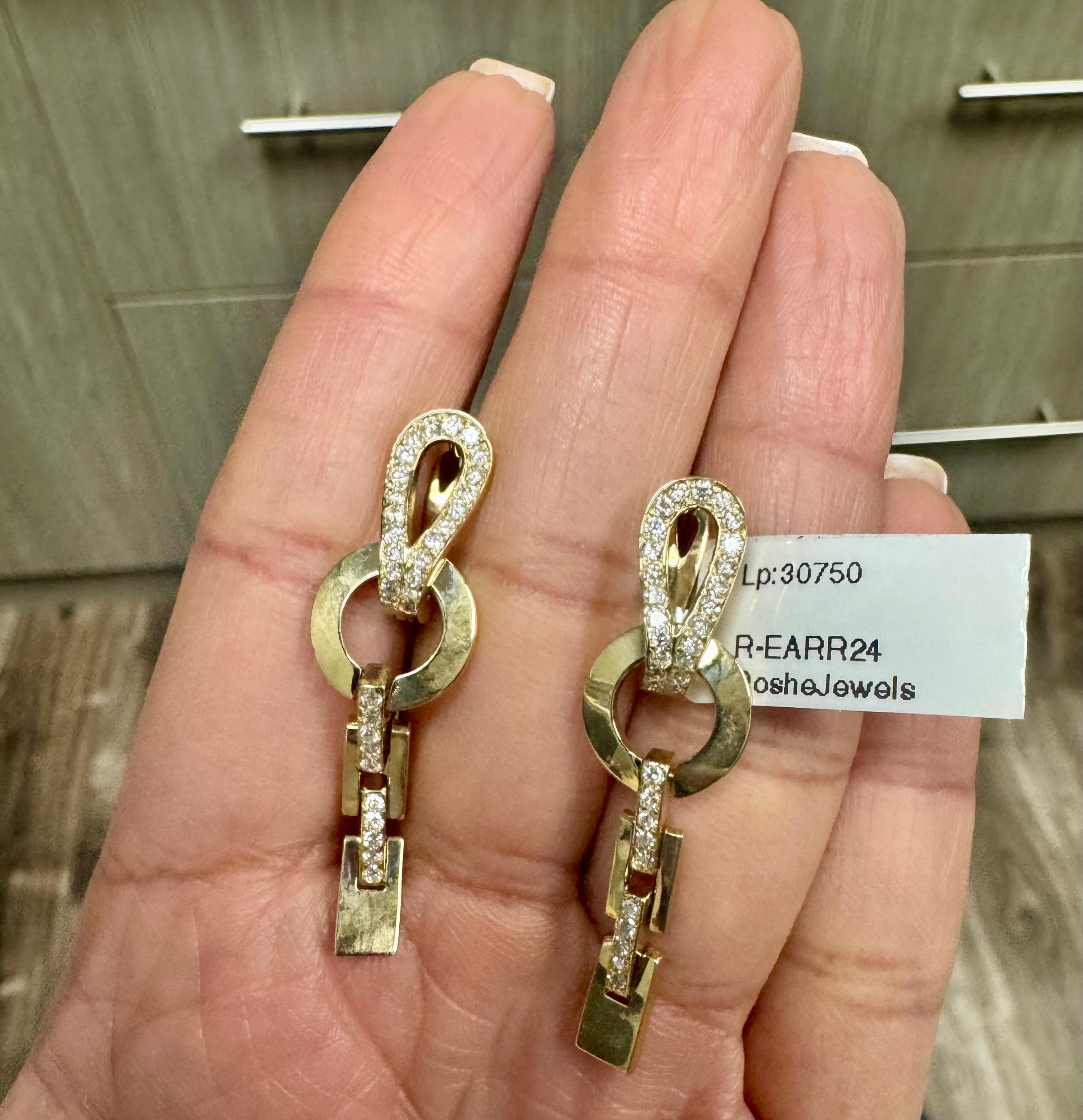 Boucles d'oreilles pendantes en or jaune 14K avec diamant naturel taillé en rond Pour femmes en vente