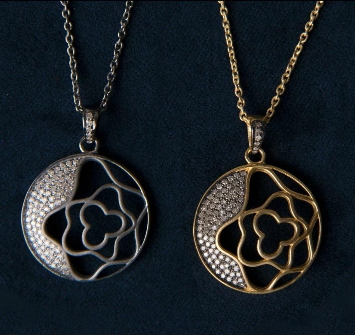da uomo o donna Collana con diamante naturale rotondo a forma di fiore in argento 925 Regalo ciondolo floreale. in vendita