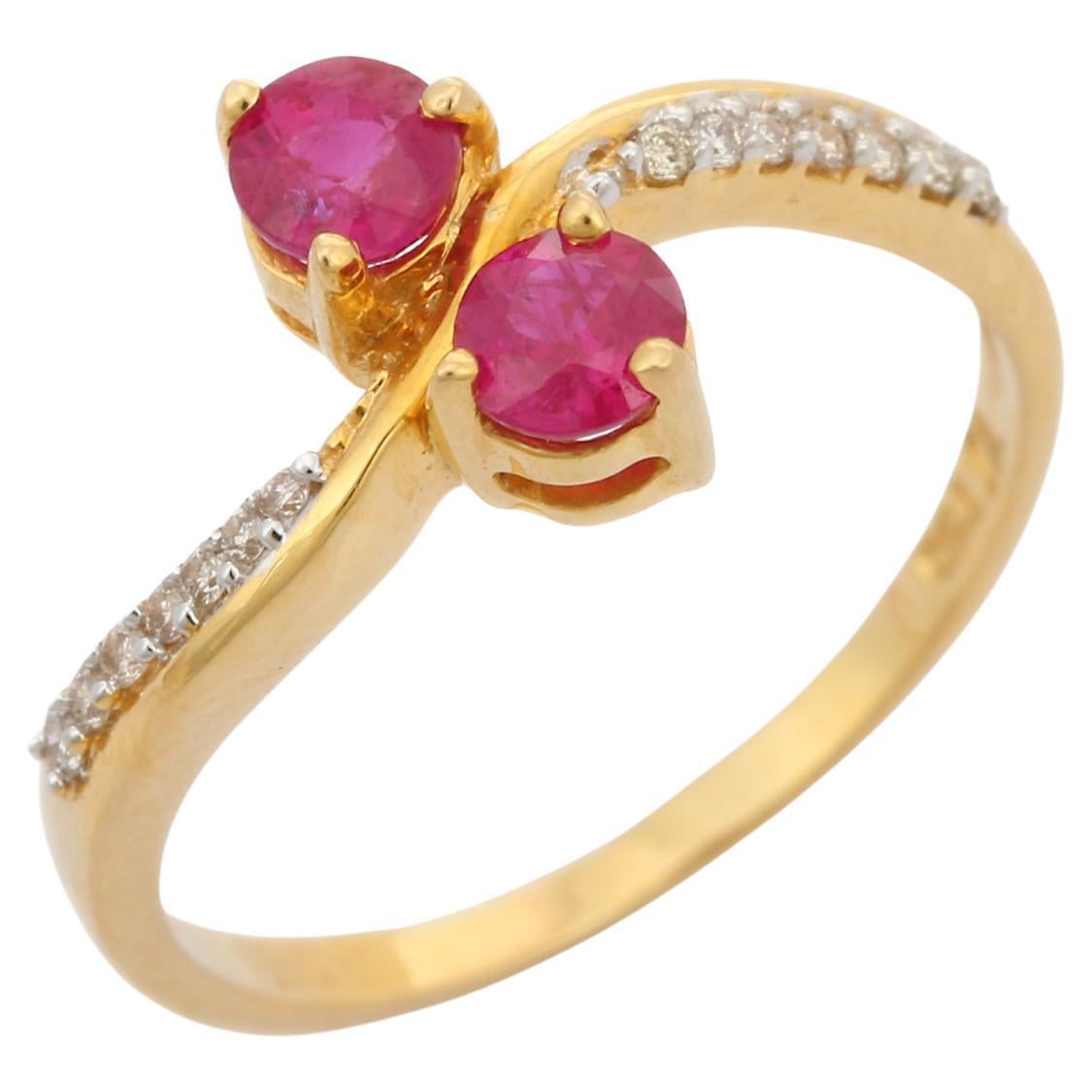 Rubis rouge et diamant clouté en or jaune massif 14k