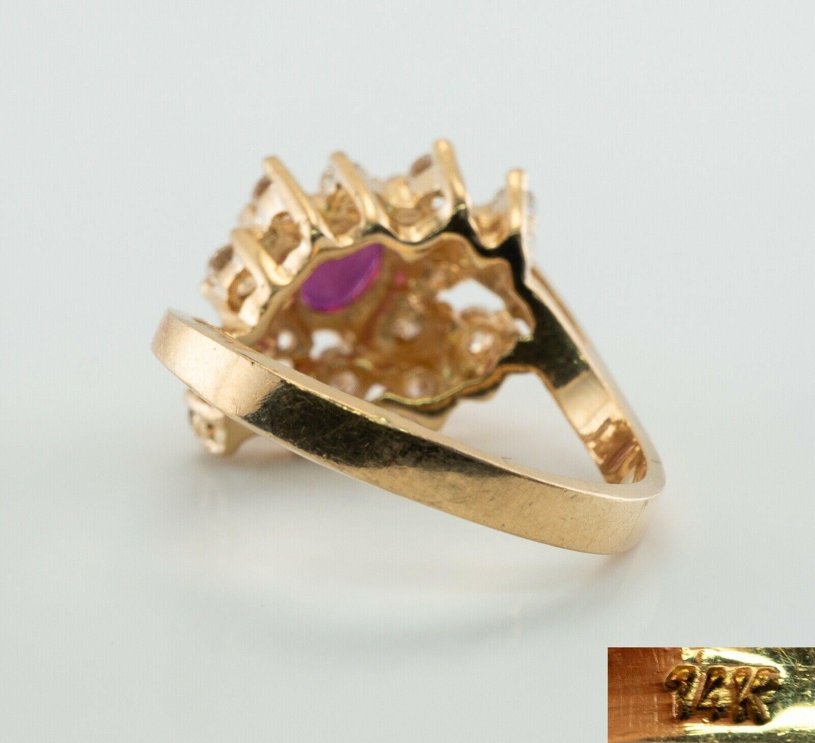 Anello con diamante naturale e rubellite in oro 14K Vintage Estate in vendita 3