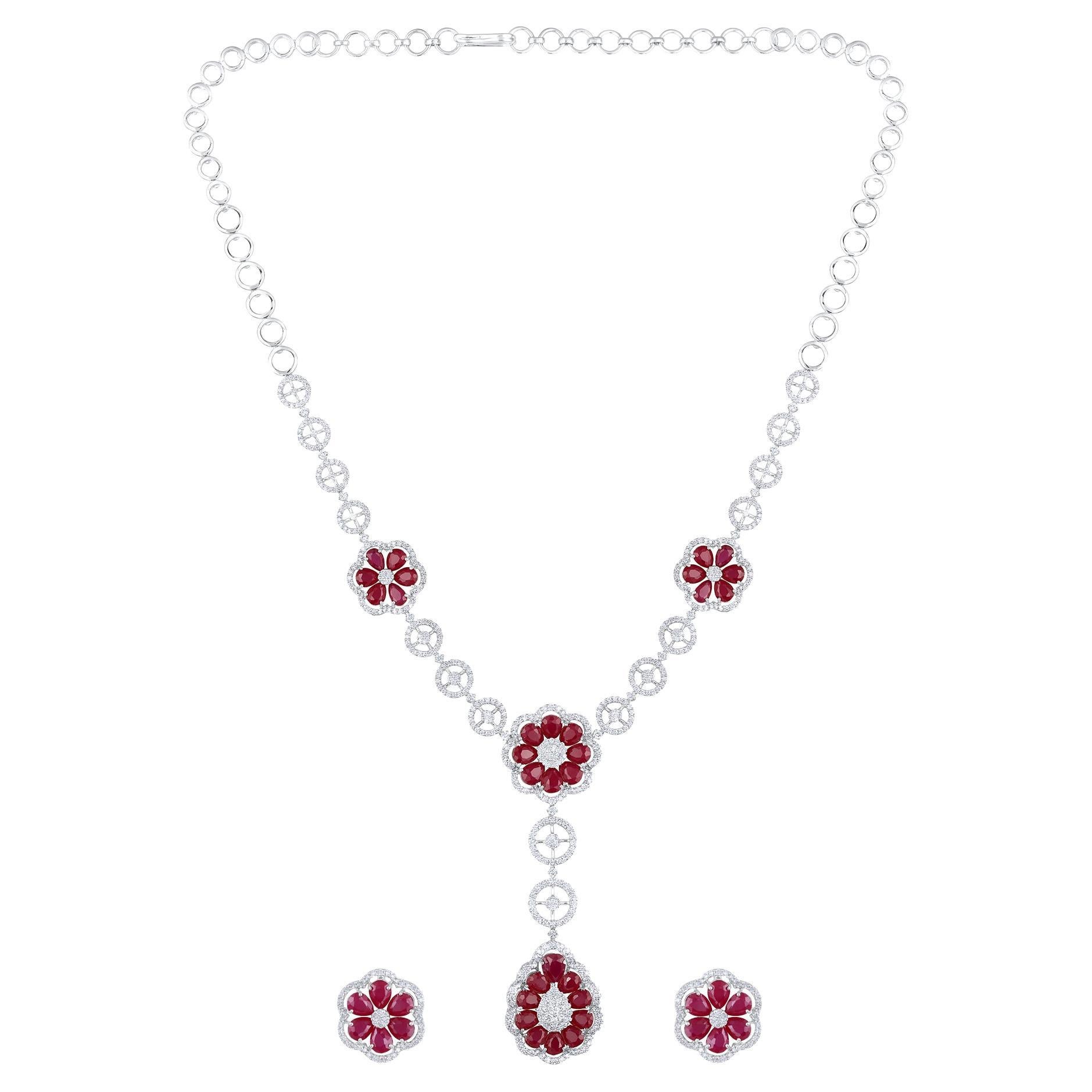 Natural Diamond Ruby 24 Carat 14K Whit Gold Flower Necklace Earrings Jewelry Set
