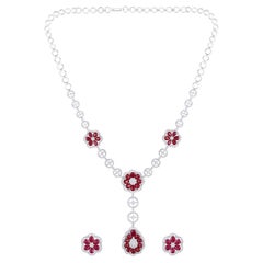 Natural Diamond Ruby 24 Carat 14K Whit Gold Flower Necklace Earrings Jewelry Set