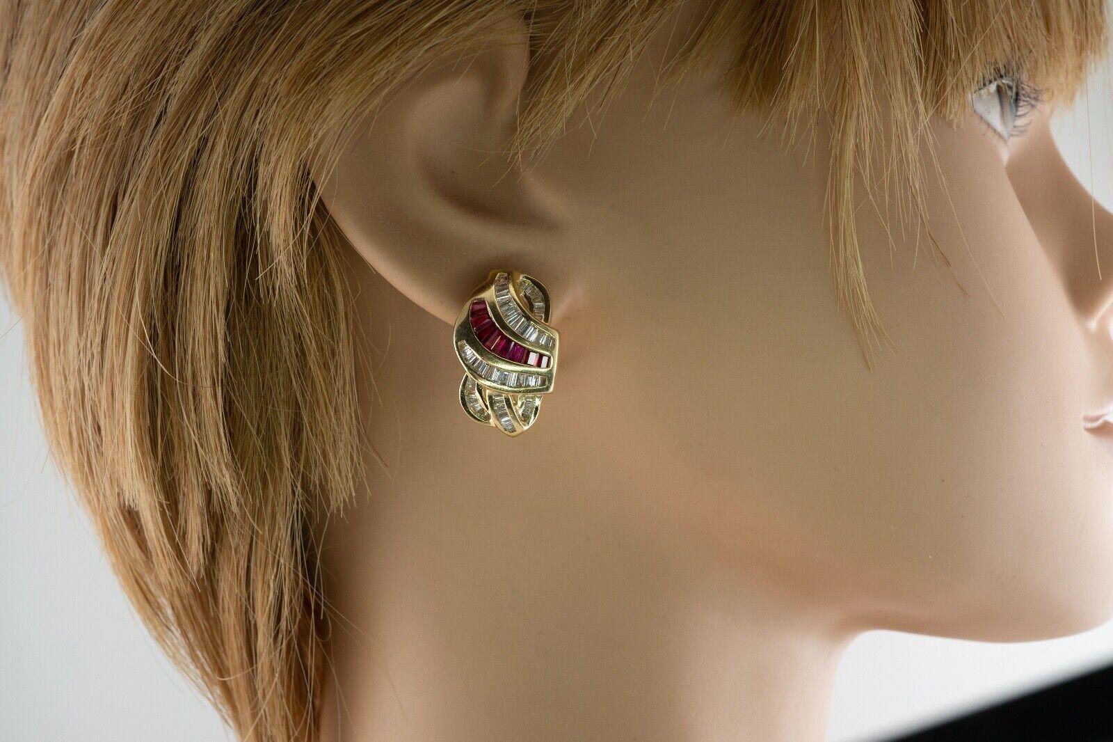 Baguette Cut Natural Diamond Ruby Earrings 14K Gold Estate Omega Backs For Sale