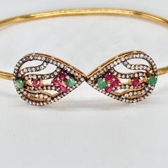 Natural diamond Ruby emerald 18k gold plated silver open handcuff bracelet
