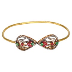 Natural diamond Ruby emerald 18k gold plated silver open handcuff bracelet