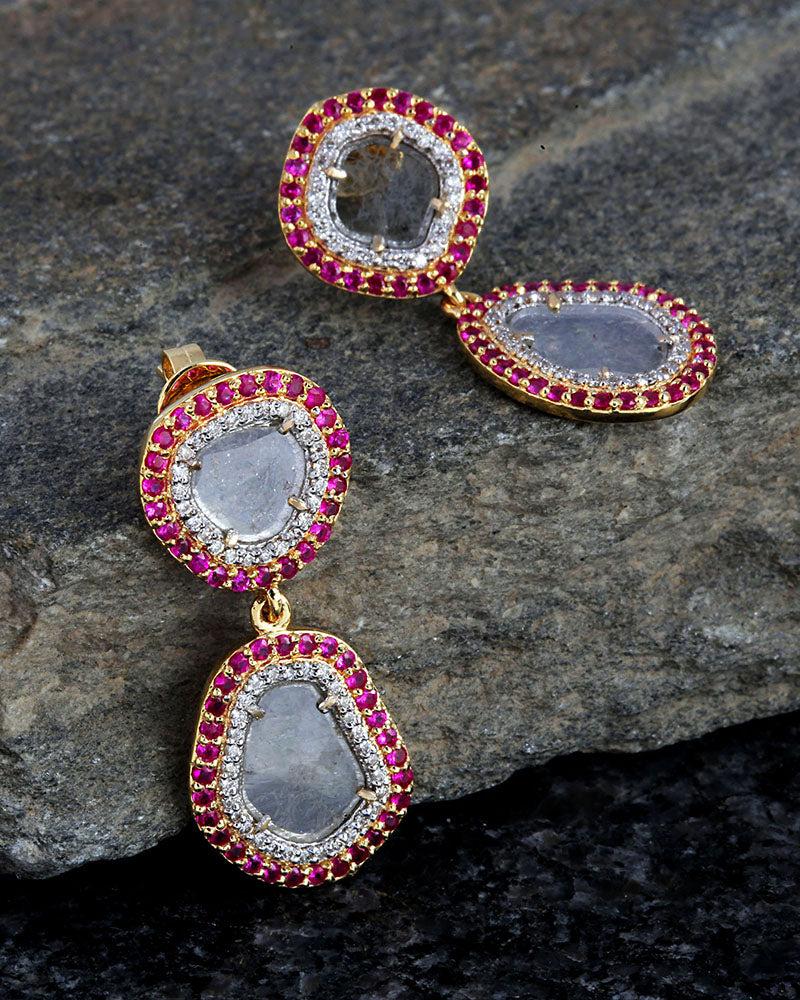 Contemporary Natural Diamond & Ruby Gold Earring in 14K For Sale