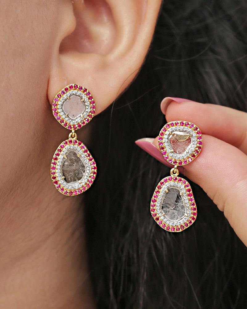 Natural Diamond & Ruby Gold Earring in 14K In New Condition For Sale In jaipur, IN