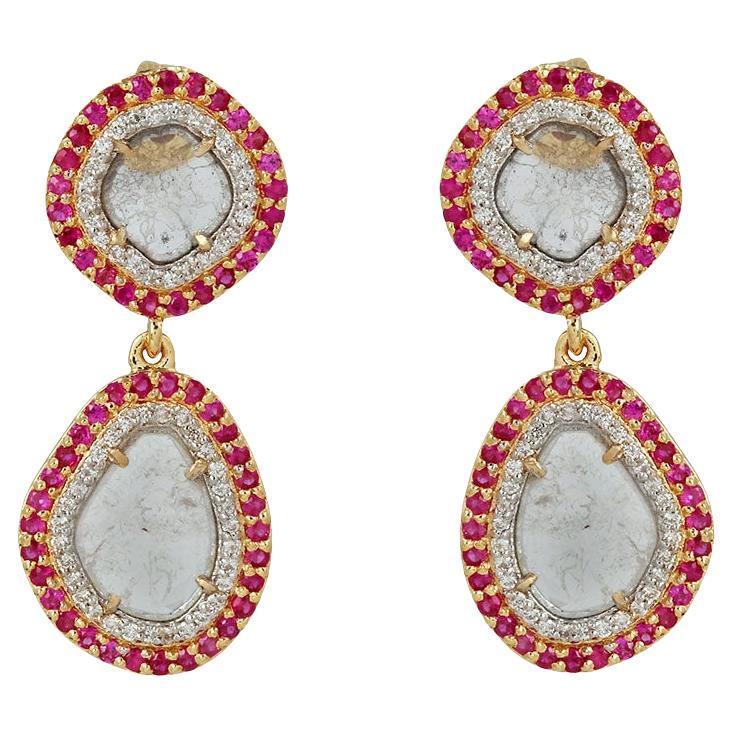 Natural Diamond & Ruby Gold Earring in 14K For Sale