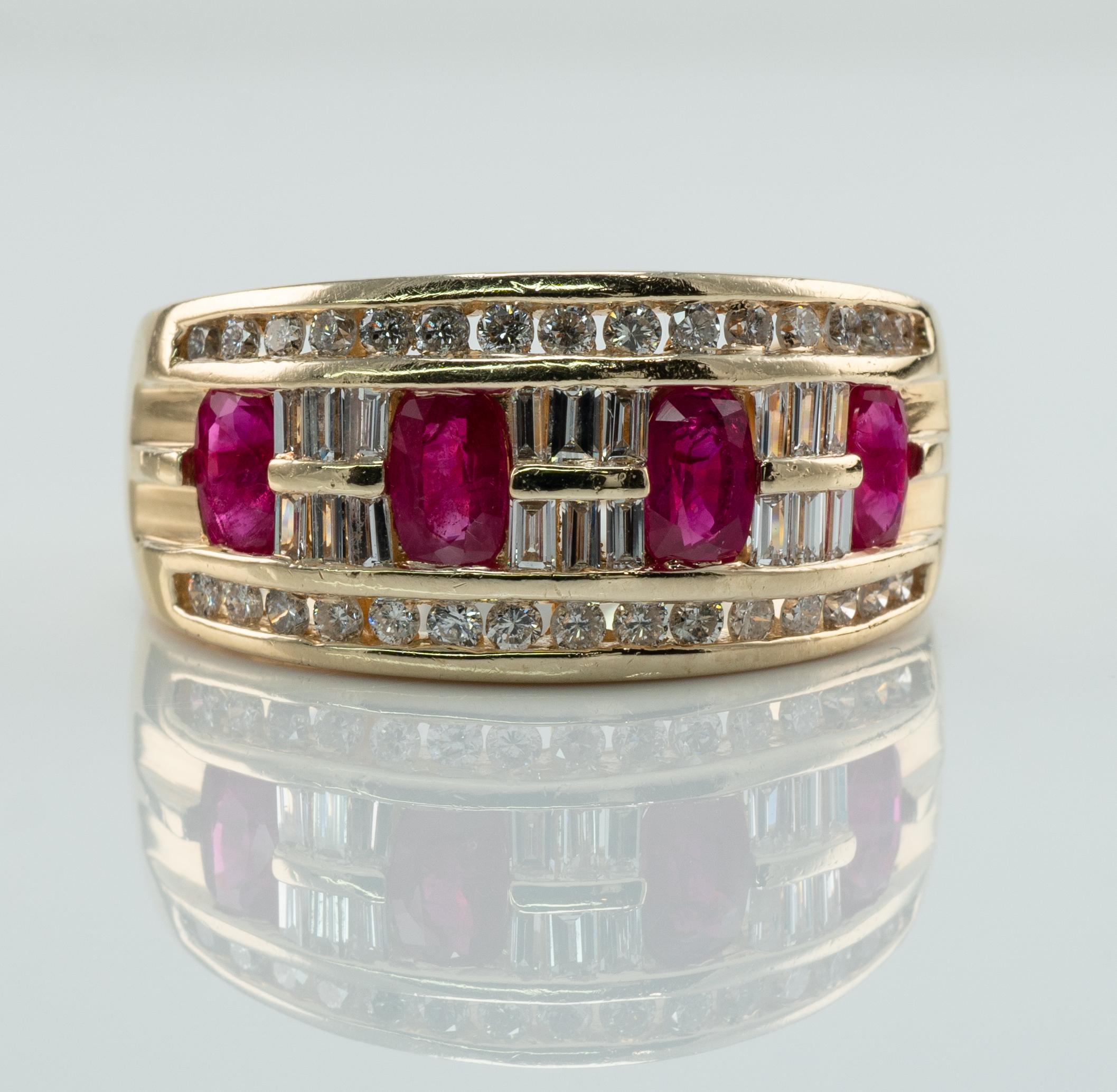 Natural Diamond Ruby Ring 14K Gold Estate Band BH Effy

This absolutely stunning estate ring is finely crafted in solid 14K Yellow gold and set with Natural Earth-mined Ruby and diamonds. 
4 Rubies total 1.12 carat. These gems are clean and