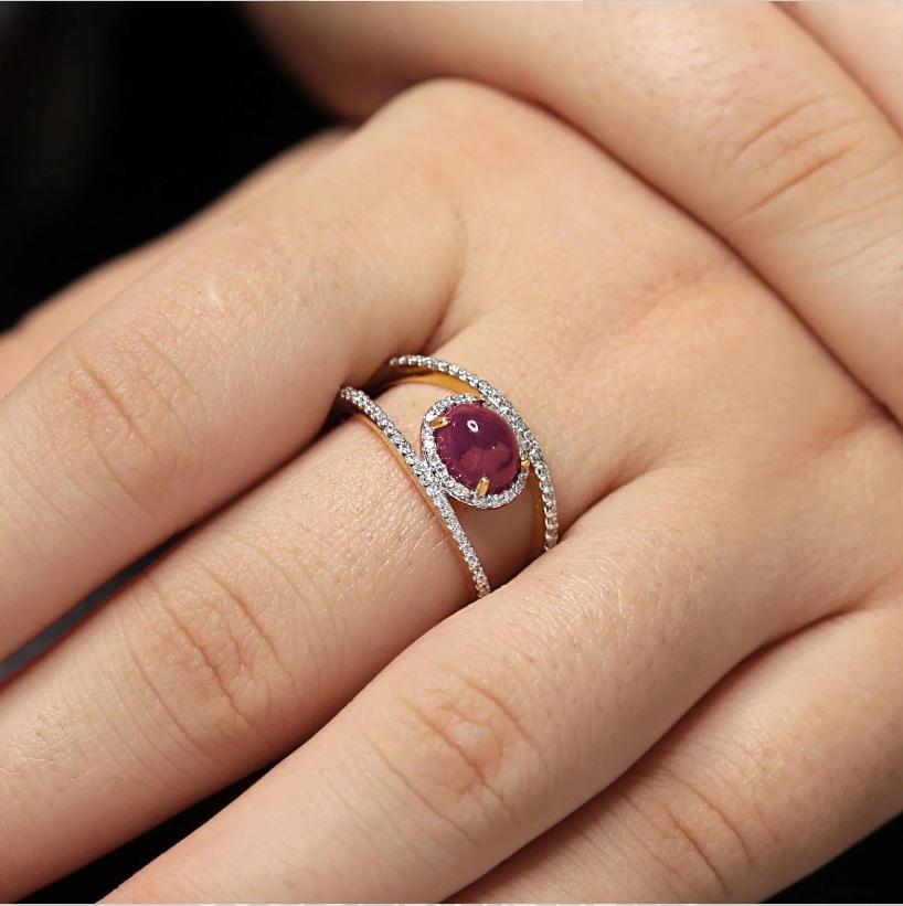 Natürlicher Diamant & Rubin Ring 14K Gold (Asscher-Schliff) im Angebot