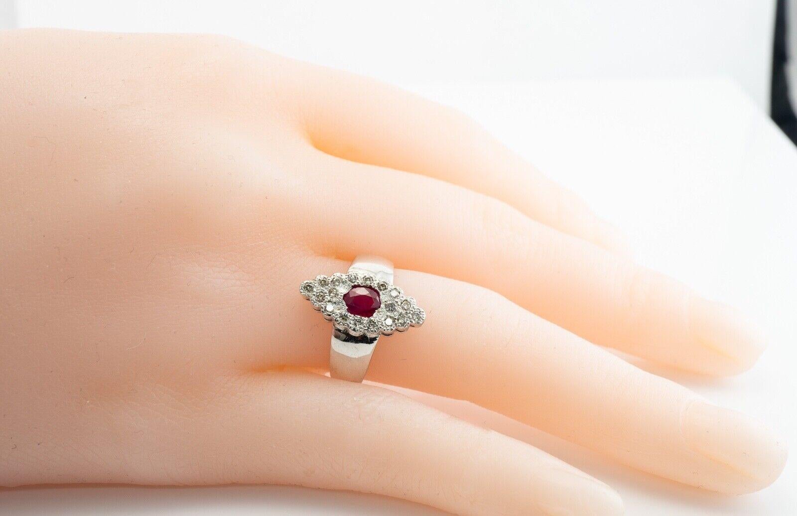 Natural Diamond Ruby Ring 14K White Gold Band Vintage Floral For Sale 5