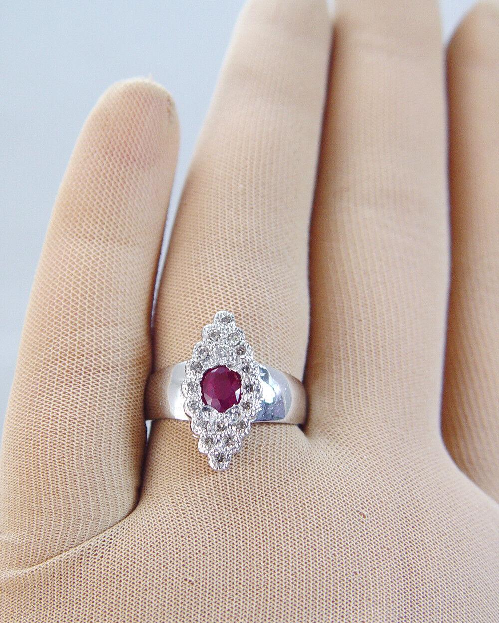 Natural Diamond Ruby Ring 14K White Gold Band Vintage Floral For Sale 6