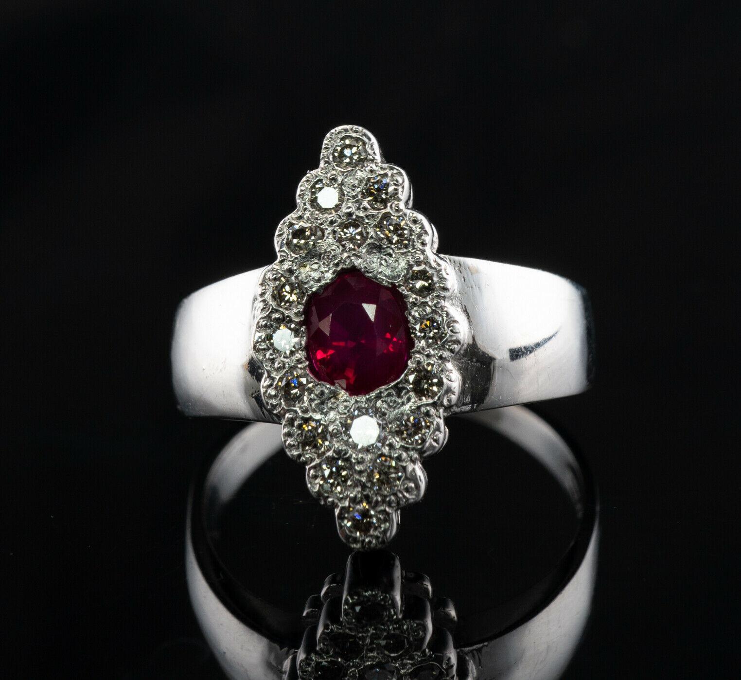 Oval Cut Natural Diamond Ruby Ring 14K White Gold Band Vintage Floral For Sale