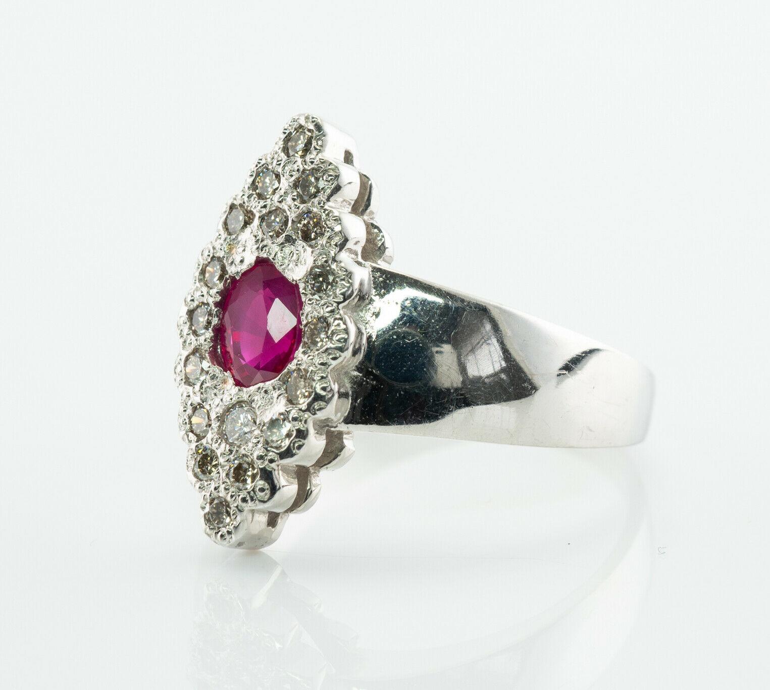 Women's Natural Diamond Ruby Ring 14K White Gold Band Vintage Floral For Sale